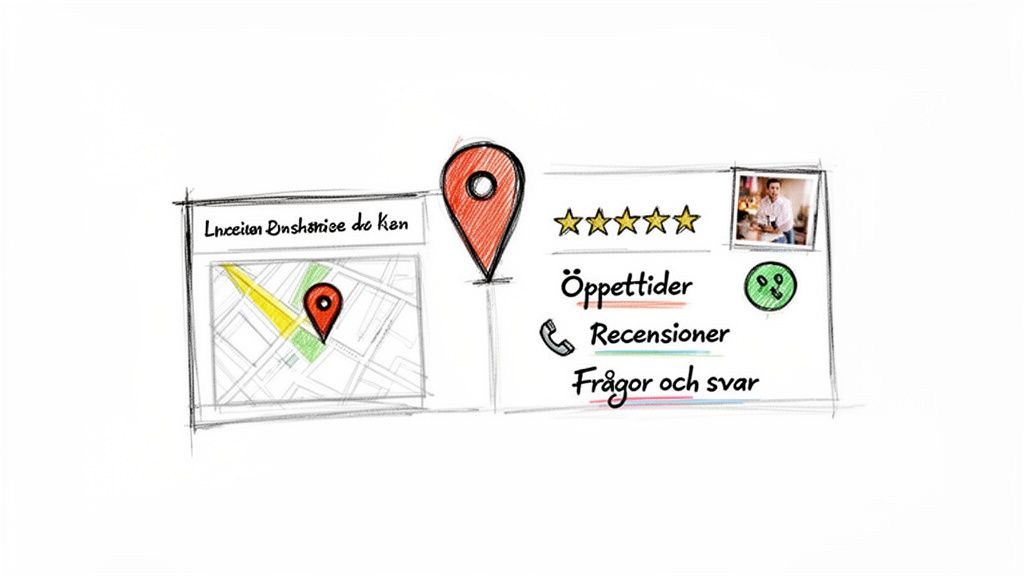 Skiss av en digital företagsprofil med karta, betyg, öppettider, recensioner och frågor och svar.