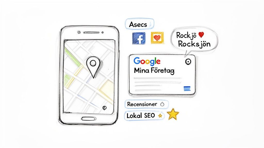 En illustration av en smartphone med karta och olika element för lokal SEO, som Google My Business och sociala medier.