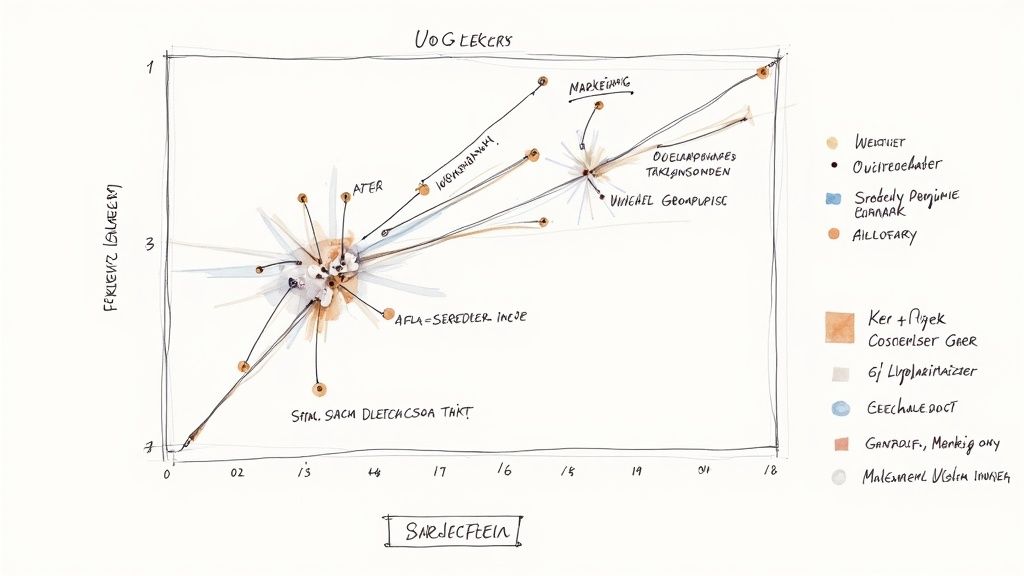 Handritat diagram som illustrerar nätverk och relationer med olika etiketter och en förklaring.