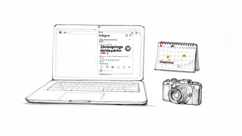 En skiss som visar en laptop med Instagram, en kalender och en kamera, symboliserande digital marknadsföring.