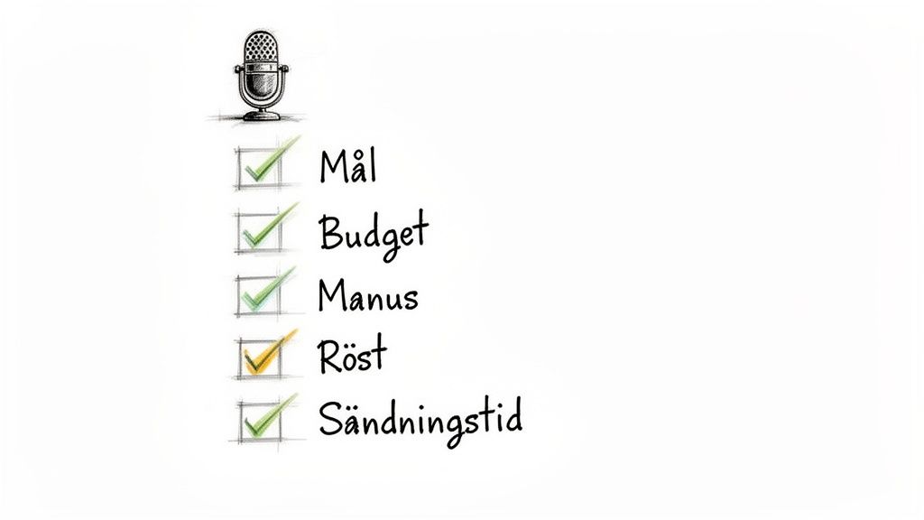 Checklista för podcastproduktion med mikrofonbild, där mål, budget, manus, röst och sändningstid bockas av.