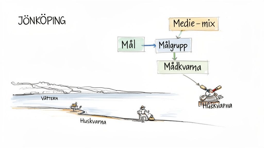 Diagram som beskriver digital marknadsföringsstrategi med mål, målgrupp och medie-mix, kopplat till Jönköping och Husqvarna.