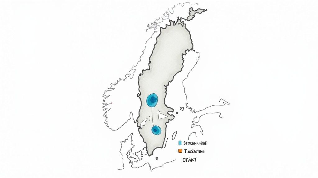 Karta över Sverige som visar två regioner, troligen för DAB-radiotäckning, med en förklarande legend.