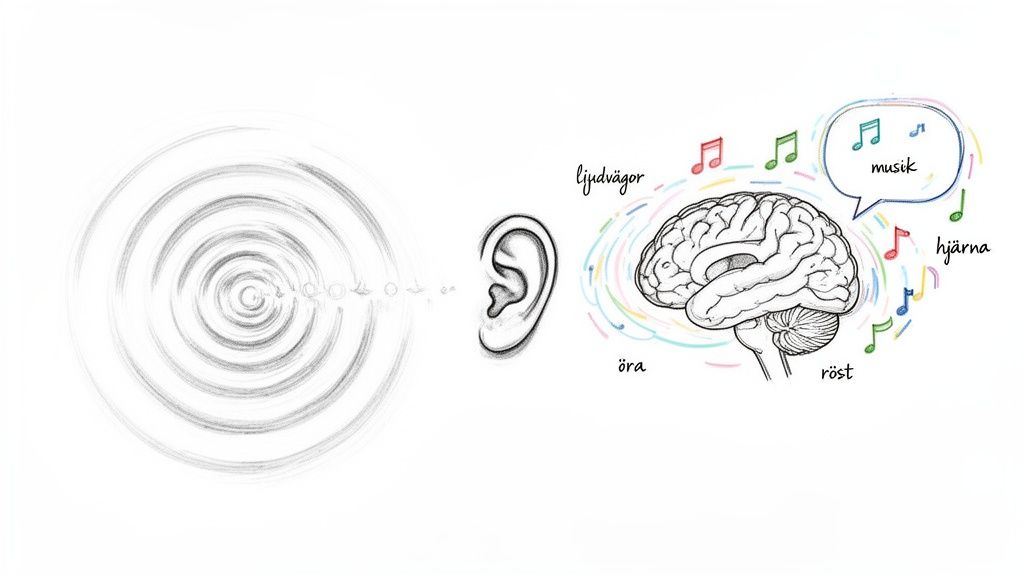Illustration som visar hur ljudvågor passerar in i örat och bearbetas till musik i hjärnan.