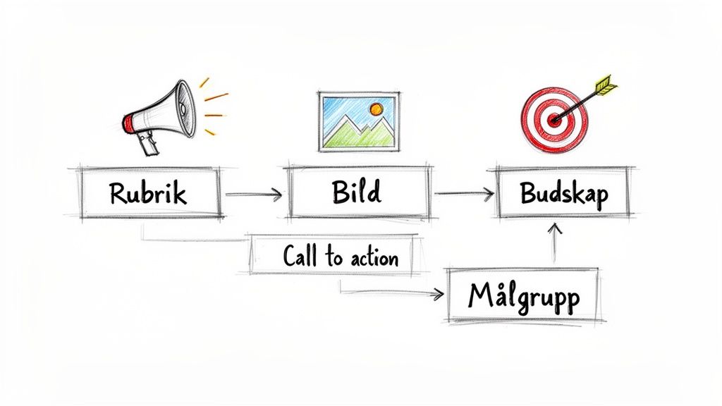En skissad flödesdiagram som visar stegen för att skapa en annons: rubrik, bild, call to action, målgrupp och budskap.