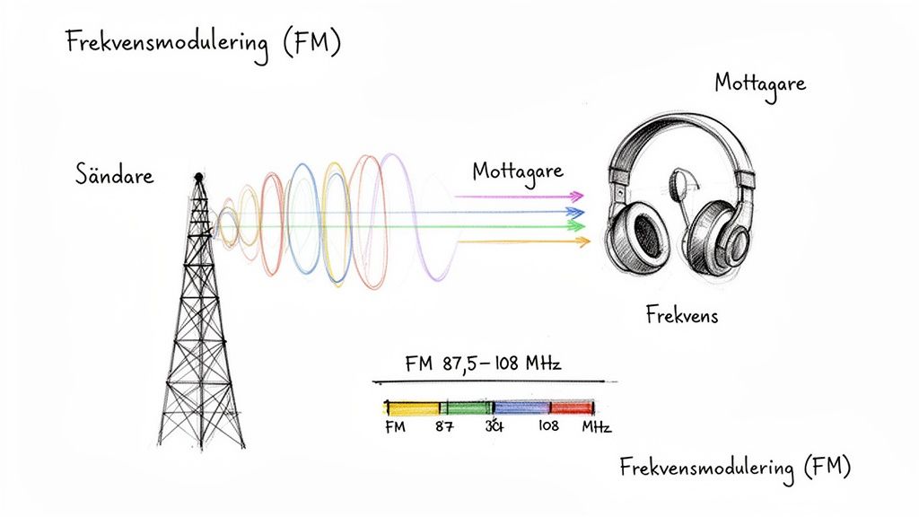 Diagram som visar frekvensmodulering (FM) med sändare, radiovågor, mottagare (hörlurar) och FM-frekvensområdet.