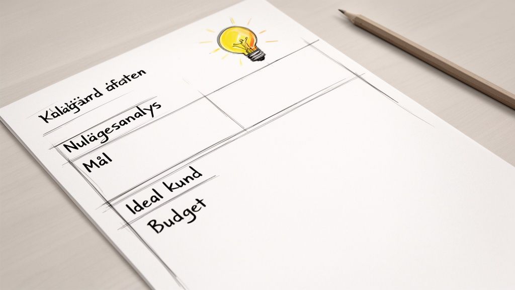 Ett papper med anteckningar för strategi och planering, inklusive analys, mål, budget och en glödlampa.
