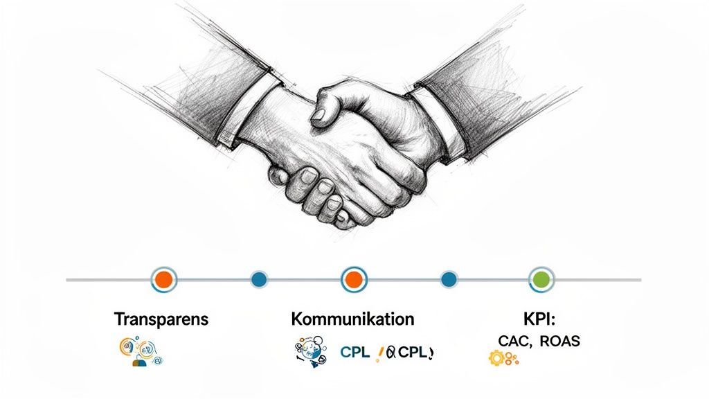 En tecknad handskakning ovanför en tidslinje som visar transparens, kommunikation och KPI:er för affärssamarbete.