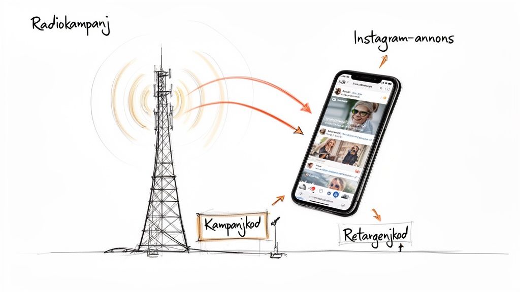 En illustration som visar hur en radiokampanj kopplas till en Instagram-annons och spåras med kampanj- och retargetingkoder.