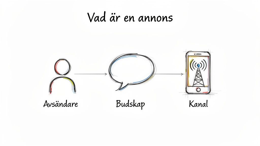 Diagram som visar en annons som består av en avsändare, ett budskap och en kanal.