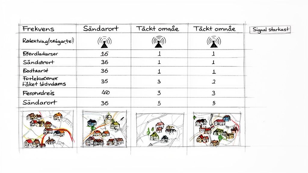 Handskriven tabell med frekvenser, sändarorter och täckningsområden, illustrerad med kartor över byar.