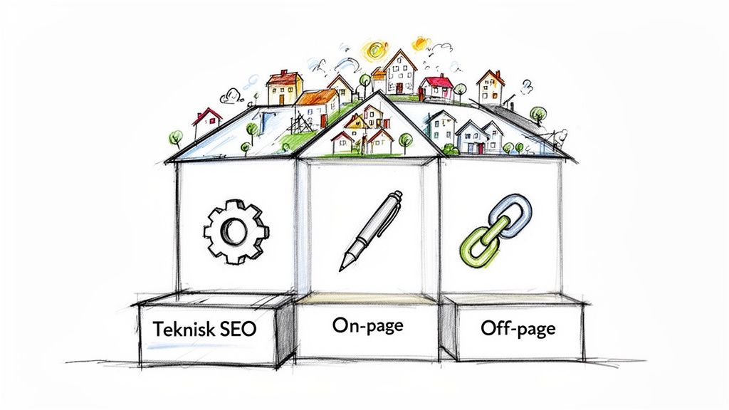 En illustration som visar de tre pelarna inom SEO: Teknisk, On-page och Off-page, med en by ovanpå.