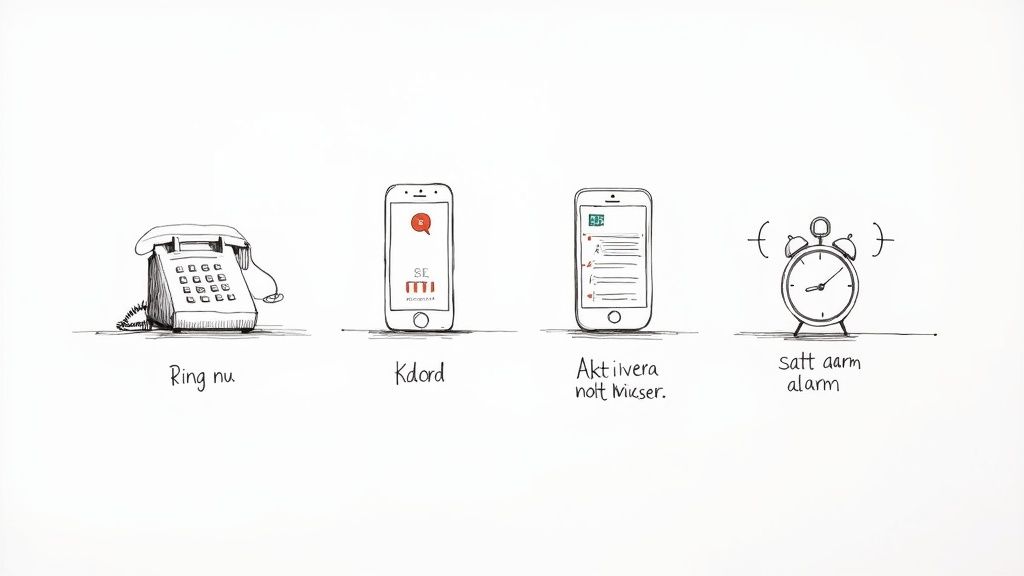Tecknade bilder av en fast telefon, två smartphones och en väckarklocka med text under varje bild.
