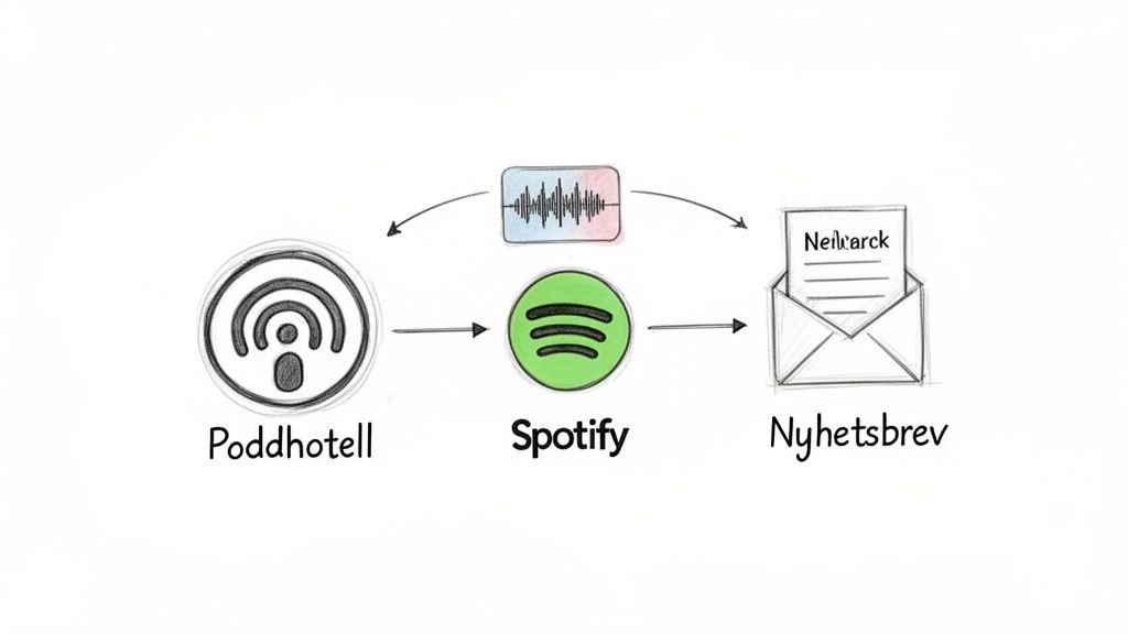 Diagram som visar flödet från poddhotell till Spotify och användning av ljud för nyhetsbrev.