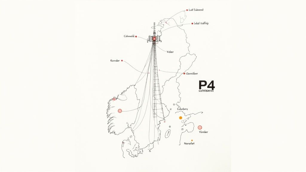 Karta över en region med radiotorn, P4-nätverk och flera namngivna orter.