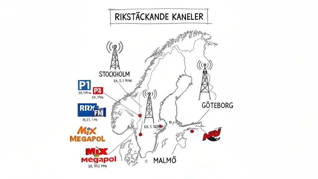 Illustration som visar rikstäckande radiokanaler och deras sändningsplatser i Sverige, inklusive frekvenser.