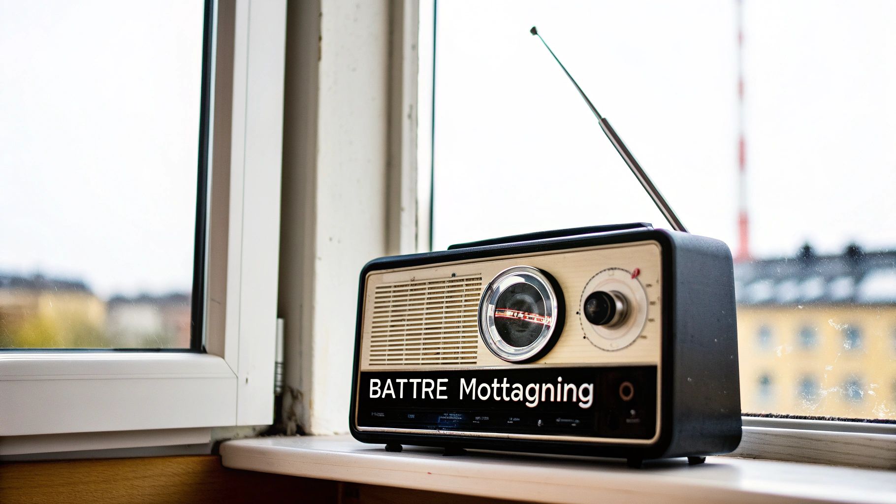 Vintage radio på fönsterbräda med texten 'BATTRE Mottagning', mot en oskarp stadsbakgrund.