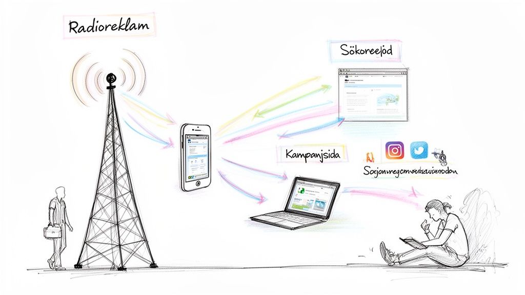 En skiss som visar hur radioreklam leder till engagemang via mobil, dator, sökresultat och sociala medier.