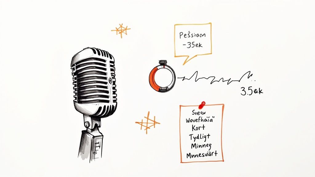 Illustration av en mikrofon, en timer, en ljudvåg och en anteckning med nyckelord, relaterat till inspelning eller sändning.