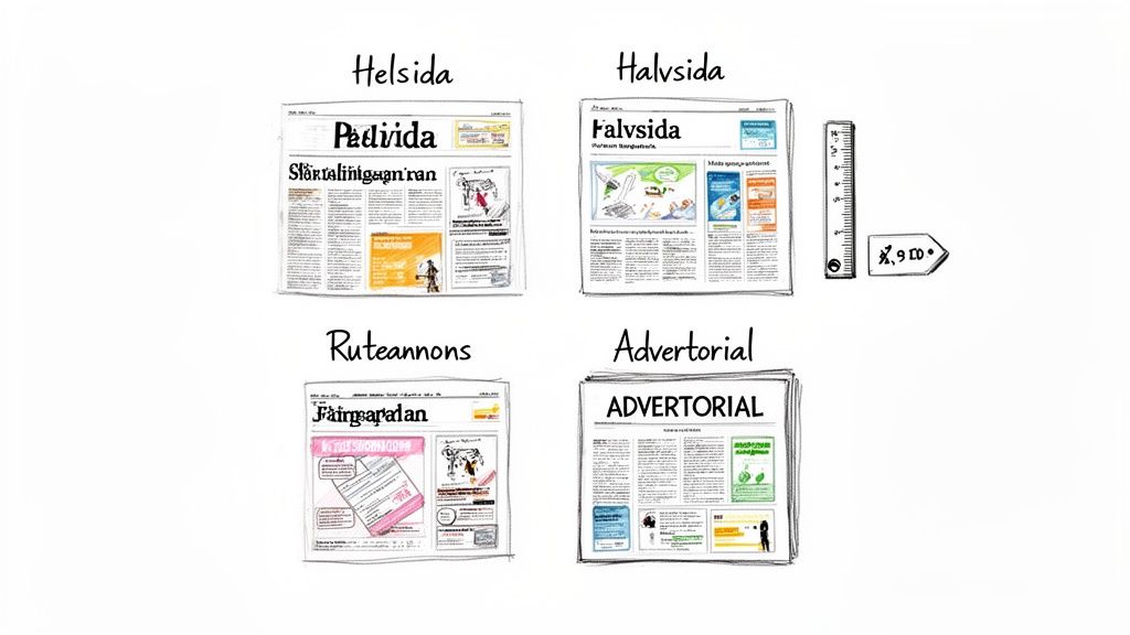 En illustration som visar olika tidningsannonsformat: helsida, halvsida, ruteannons och advertorial, med en linjal.