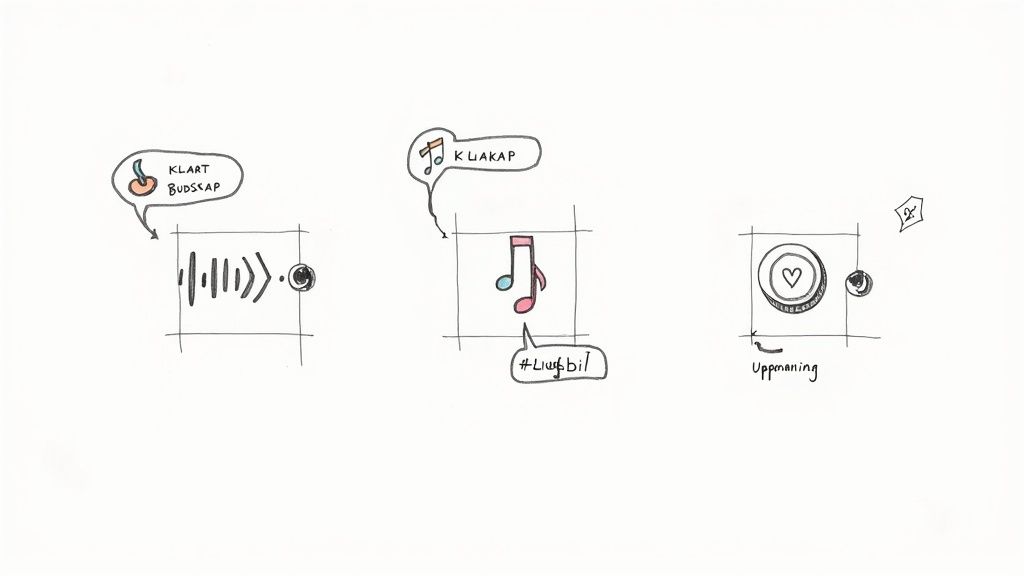 Tre handritade skisser med ikoner för meddelanden, musik och uppmaningar, inklusive textetiketter på svenska.