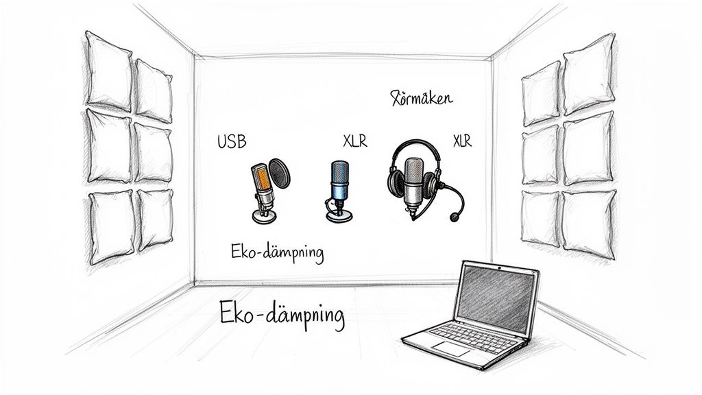 En skiss av ett rum för podcasting med ekodämpning, olika mikrofoner, hörlurar och en laptop.