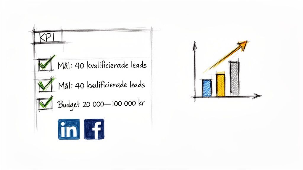En skiss av KPI:er, mål för kvalificerade leads, budget, sociala medier och en växande stapeldiagram.
