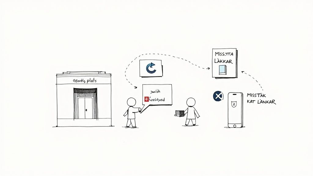 En tecknad illustration som visar en process med betalning, uppdatering, och hantering av potentiellt felaktiga länkar eller läckor.