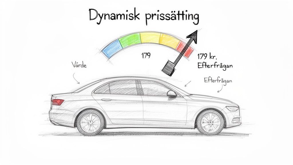 Bild på bil med mätare som visar dynamisk prissättning baserad på värde och hög efterfrågan.
