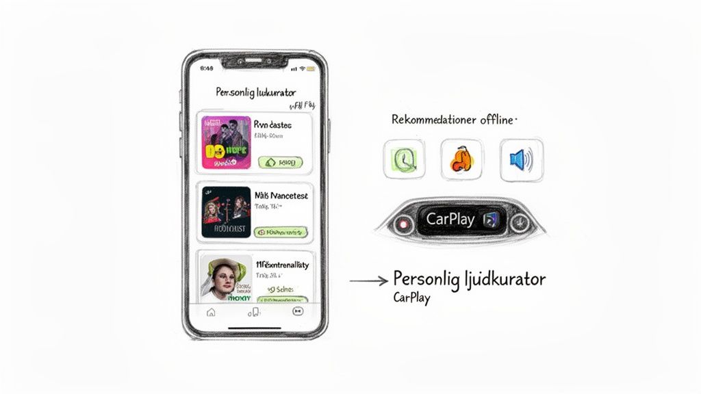 En smartphone visar en app för personlig ljudkurator med offline-rekommendationer och CarPlay-integration.