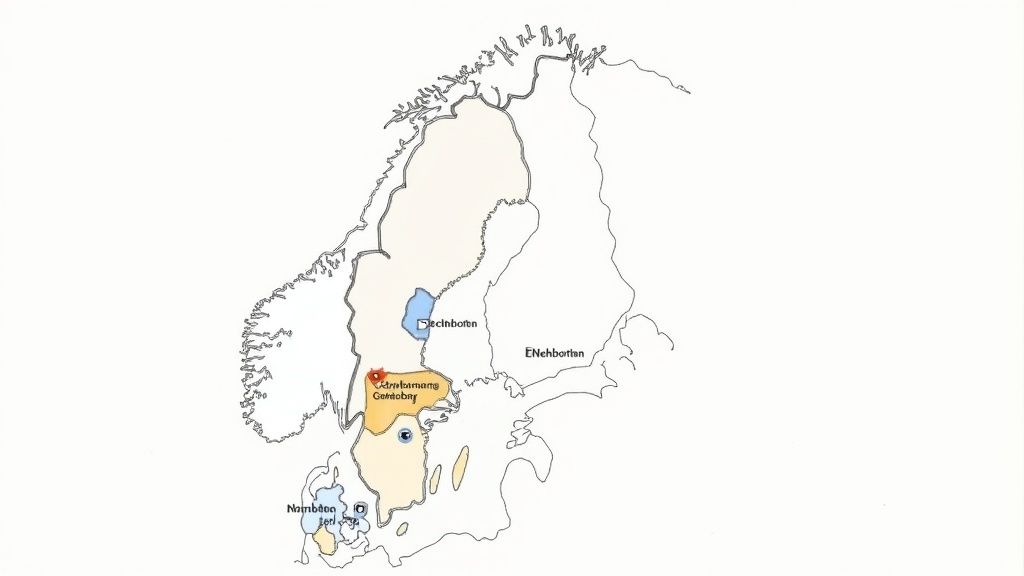 Karta över Skandinavien som visar historiska regioner som Enehbotn, Declinbotn, Nambdao och Abremarnay Genelotny.
