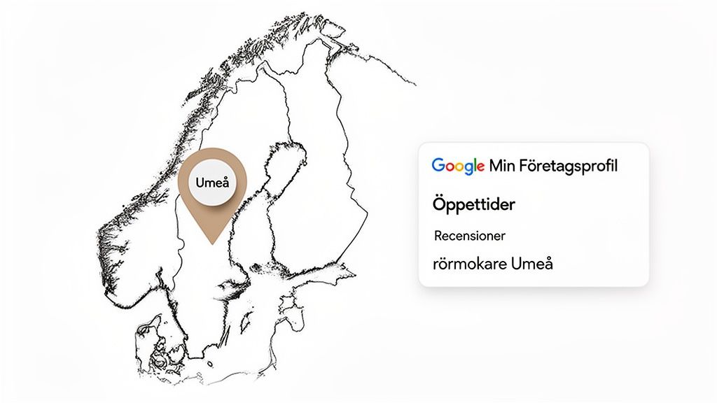 Karta över Skandinavien med en platsmarkör över Umeå och en Google Min Företagsprofil-ruta som visar information.