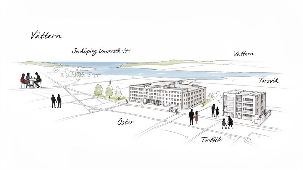 Kartillustration över Jönköping med universitetet, Vättern och omgivande områden med människor.