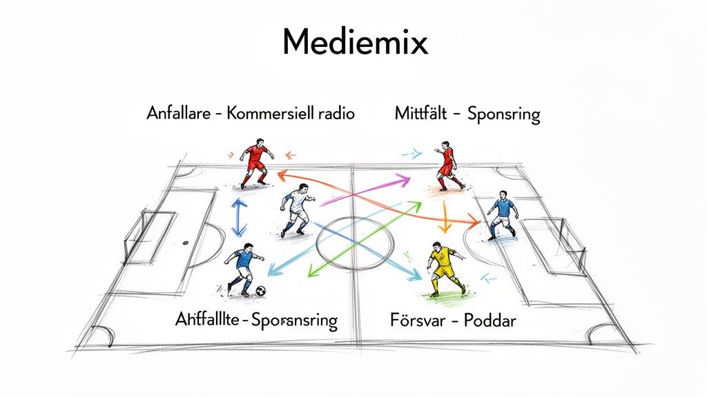 Fotbollsplan som illustrerar en mediemix med olika medietyper och spelarpositioner i ett strategiskt diagram.