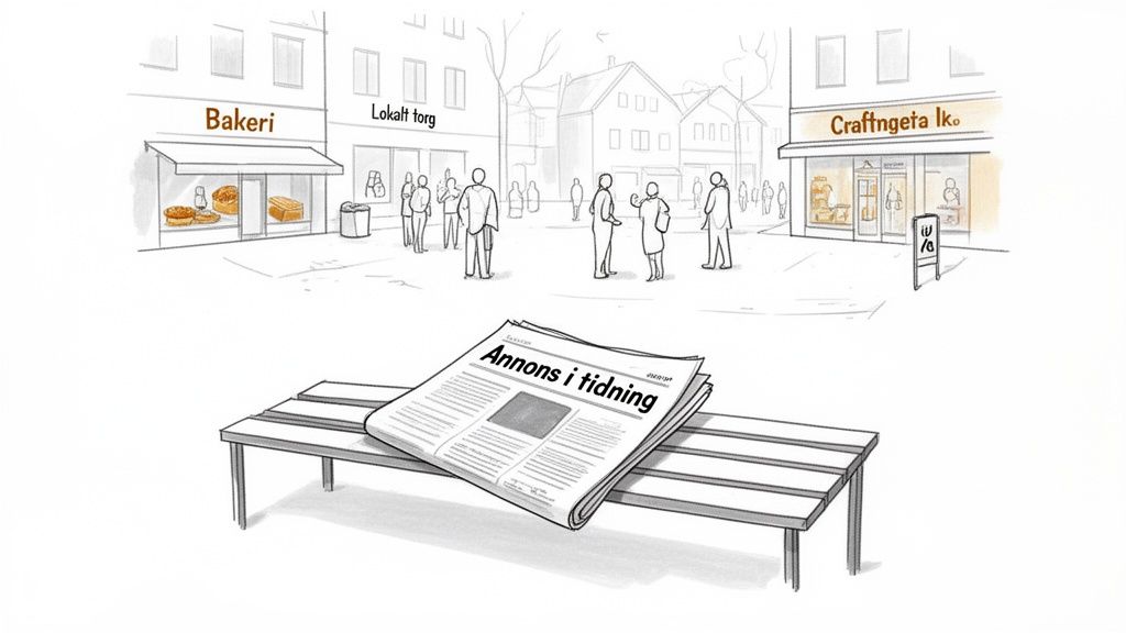 En illustration av ett stadstorg med butiker, människor och en tidning på en bänk med rubriken 'Annons i tidning'.