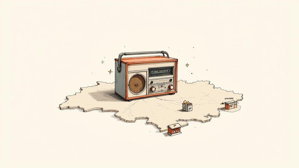 En retro radio placerad på en karta med små byggnader och glittrande stjärnor.