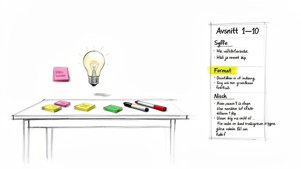 En illustration med en glödlampa, post-it-lappar, pennor och en anteckningslista för poddplanering.