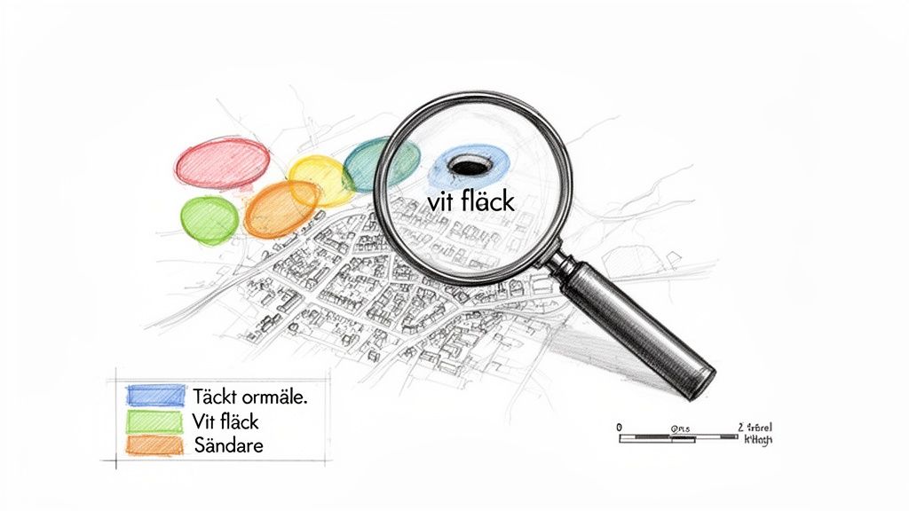 En handritad karta över en stad med färgade områden. Ett förstoringsglas fokuserar på en vit fläck.
