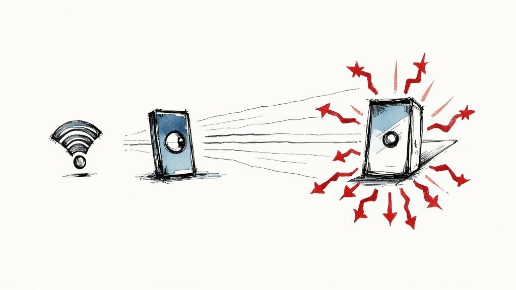 Bild som illustrerar Wi-Fi-signal, en sändande enhet och en mottagande enhet som utstrålar röda pilar.