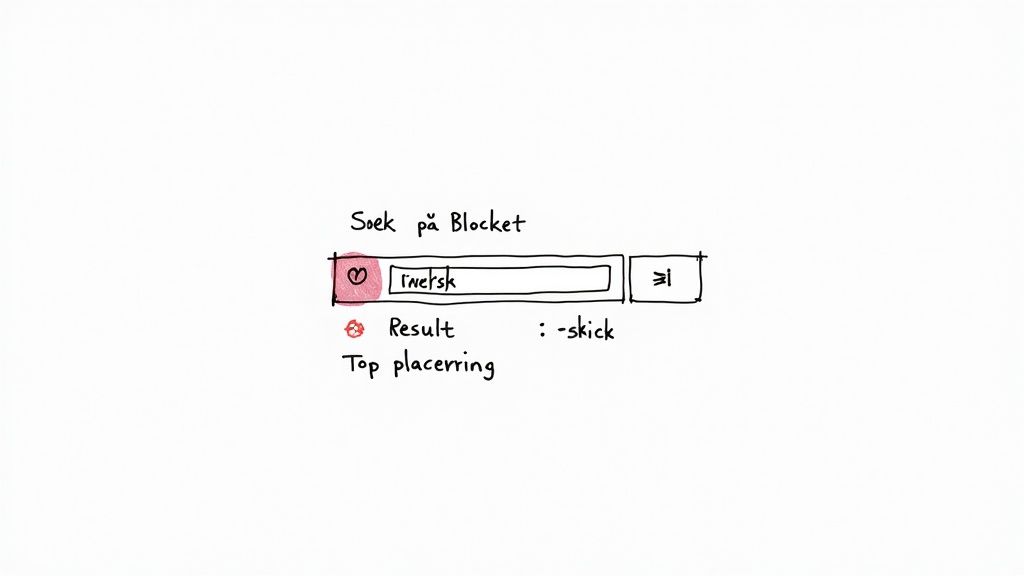 En handritad skiss av ett sökfält för Blocket med texten 'rinersh' och sökresultat.