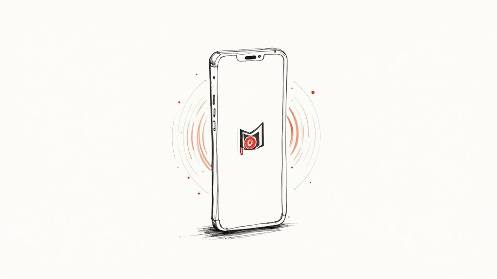En skiss av en smartphone med en röd och svart logotyp på skärmen, omgiven av röda cirklar som indikerar signal eller ljud.