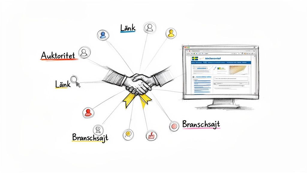 Diagram som visar handslag omgivet av ikoner och texter som 'Auktoritet', 'Länk', 'Bransch Sajt' och en datorskärm, vilket illustrerar SEO-strategier.