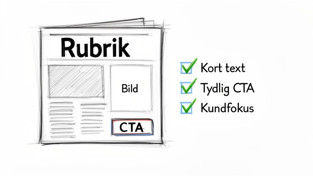 En skiss av en tidningsannons med rubrik, bild, CTA och en checklista för effektiv annonsering.