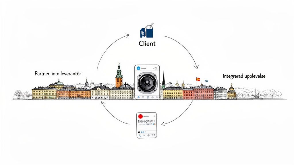 Diagram som visar en cirkulär process mellan klient, partner och integrerad upplevelse med digitala ikoner över en stadssilhuett.