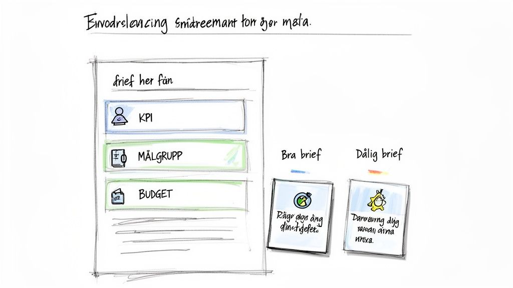 En handritad bild som visar en struktur för en projektbrief med KPI, målgrupp och budget, samt jämför en bra och dålig brief.