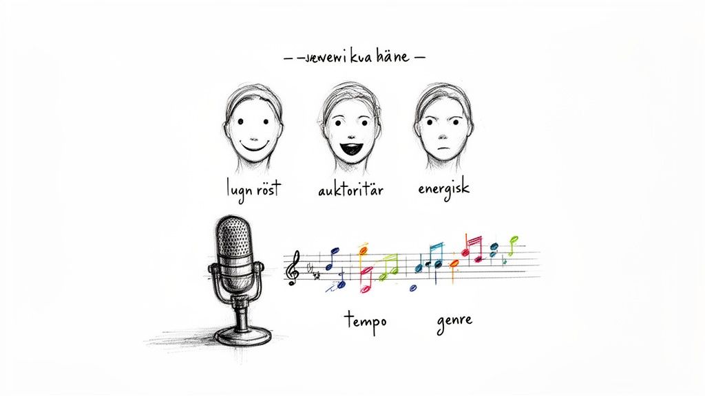 Illustration av ansiktsuttryck för röstlägen (lugn, auktoritär, energisk) med mikrofon och musiknoter för tempo och genre.