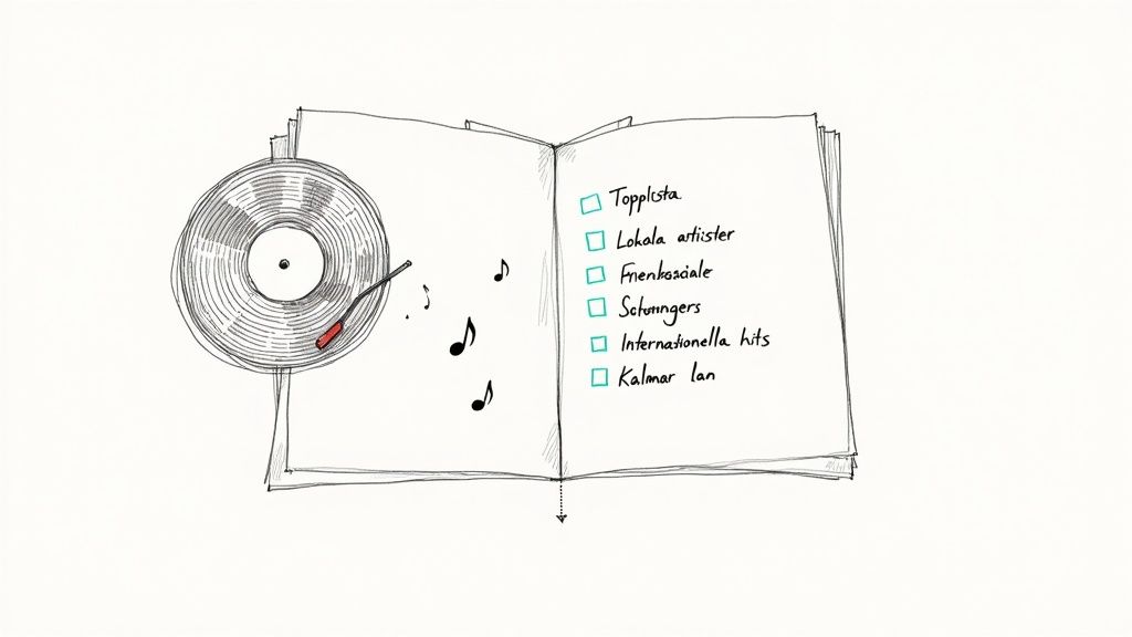 En teckning av en öppen bok med en vinylskiva och en checklista över musikgenrer.