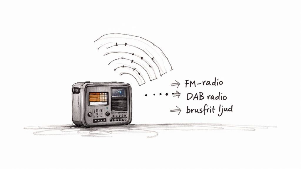 En skiss av en radio som tar emot signaler, vilket leder till FM-radio, DAB-radio och brusfritt ljud.