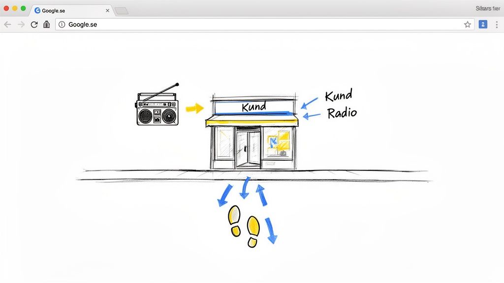 Illustration som visar hur radioreklam driver kunder från webben till en fysisk butik med fotspår.