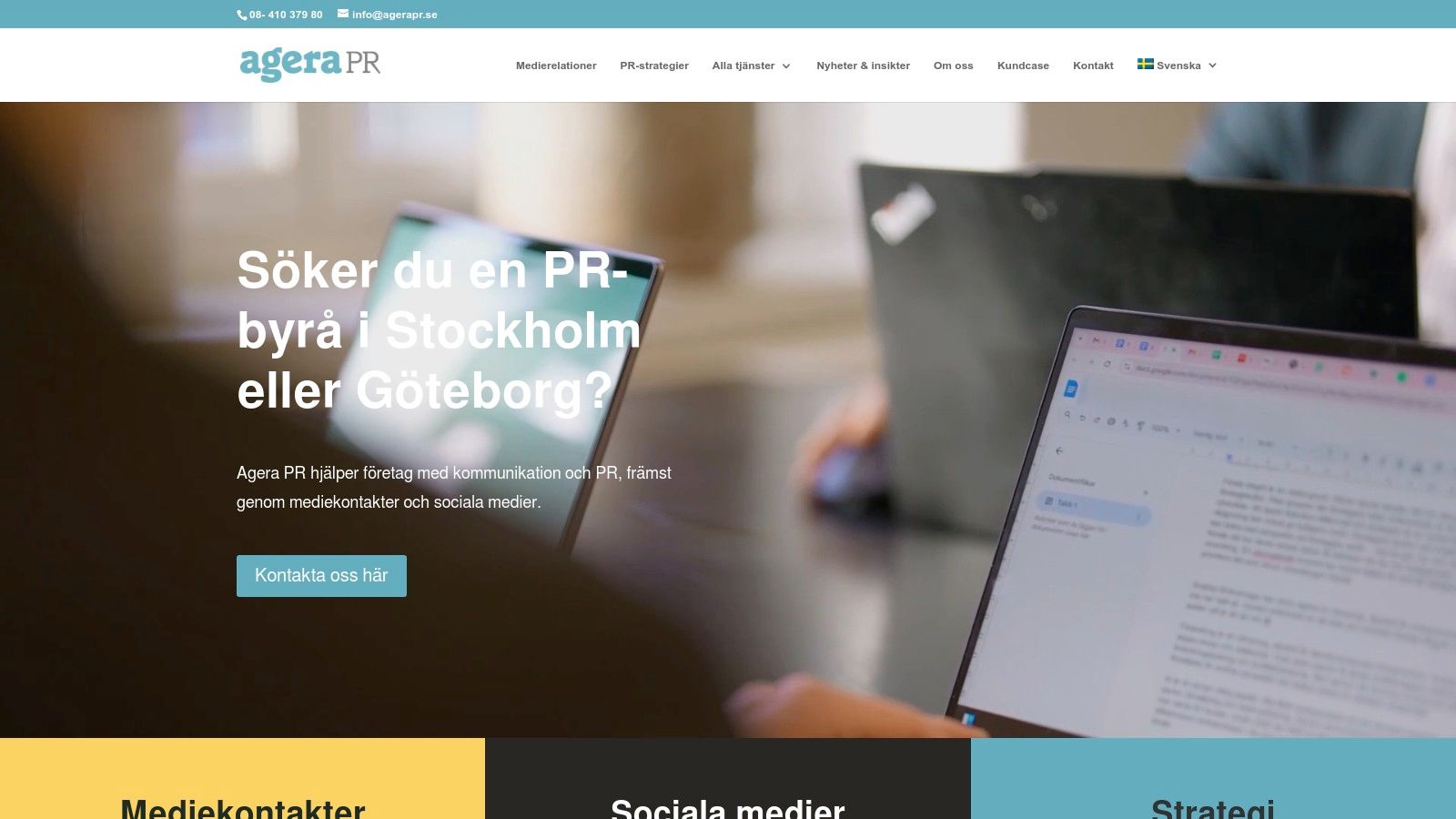 Webbplatsen för PR-byrån Agera PR.